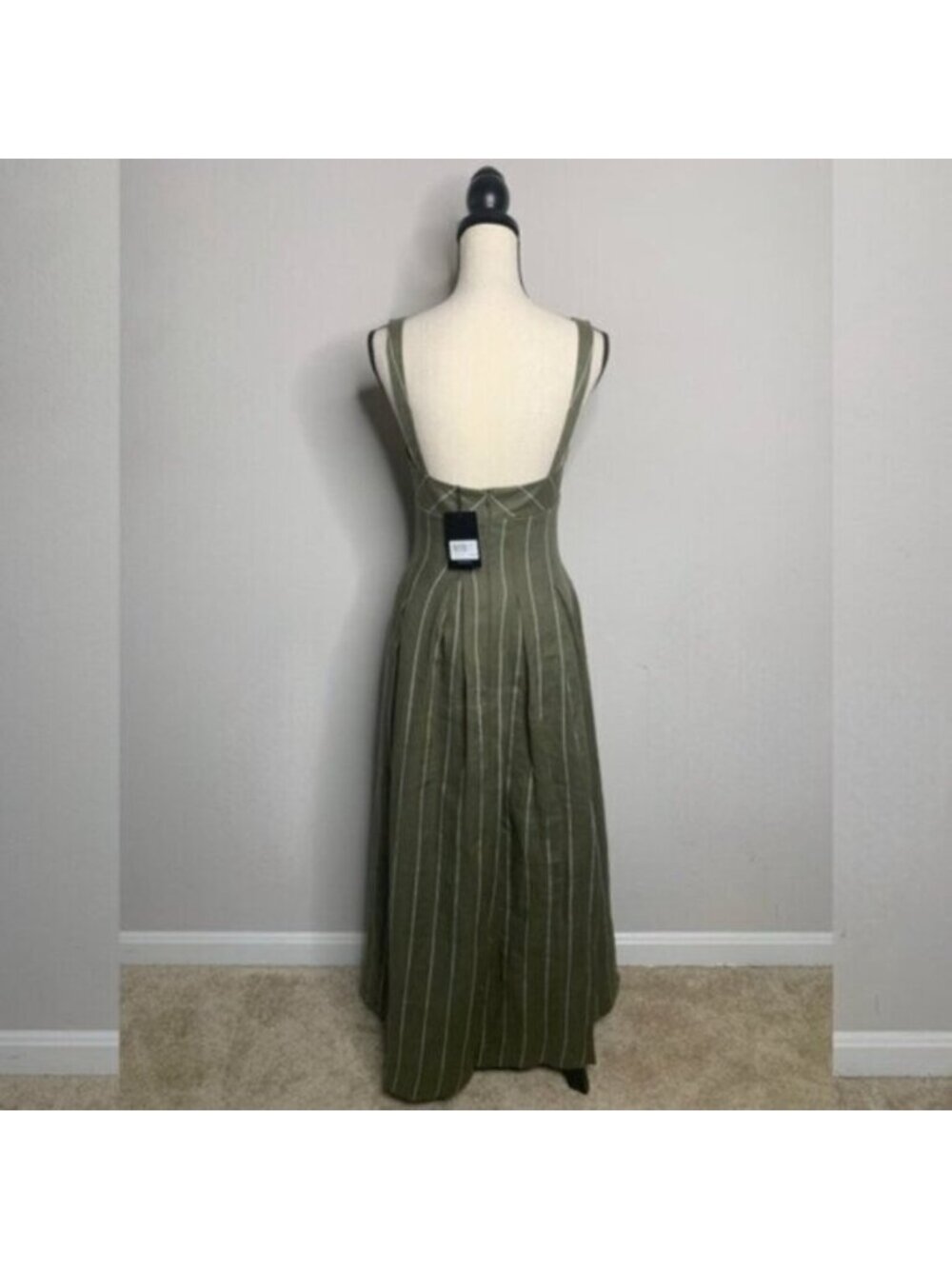 NWT NICHOLAS Selene Seamed Cami Linen Olive & White Striped Maxi Dress - Picture 7 of 17